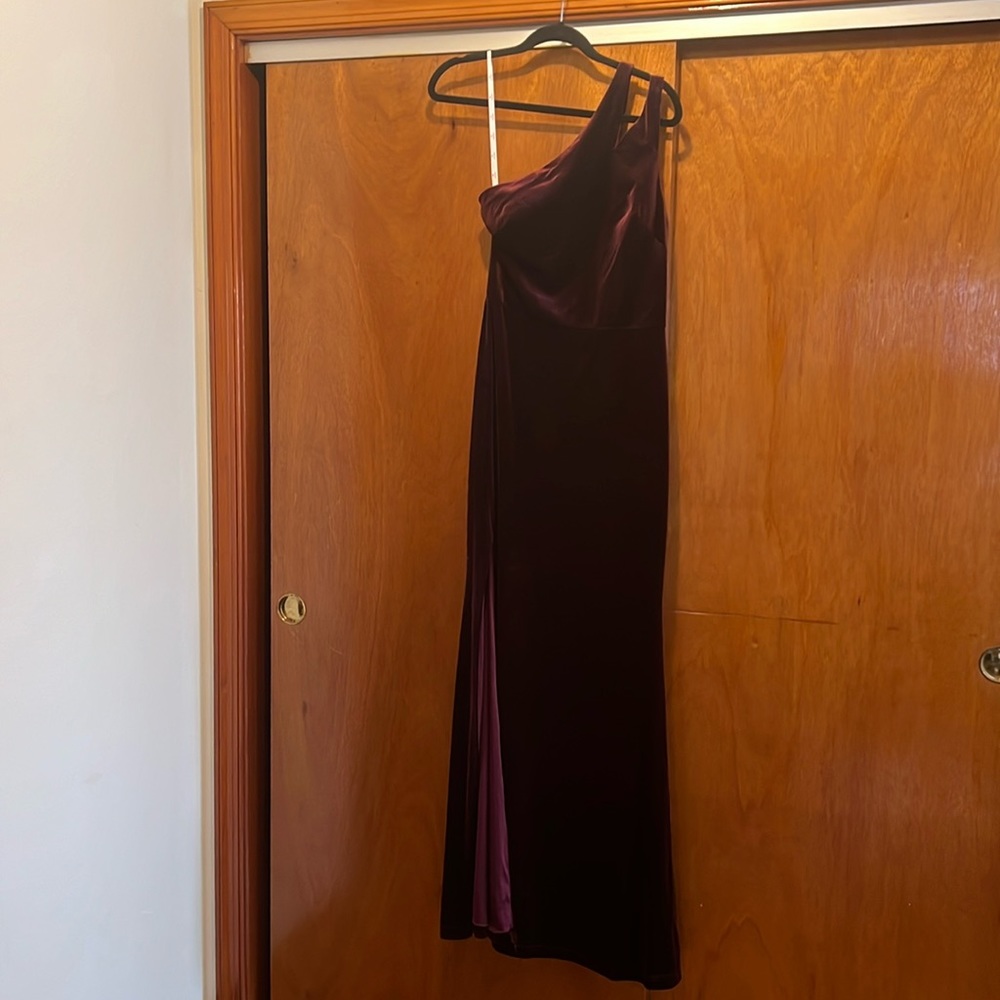 David’s Bridal (DB Studio) cutout one-shoulder maroon velvet gown